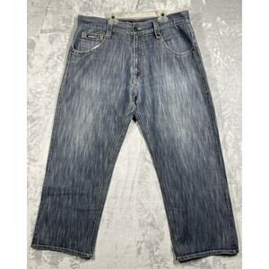 Avirex Mens Relaxed Fit Wide Leg Blue Denim Jeans 38x29 Vertical Grain Fade